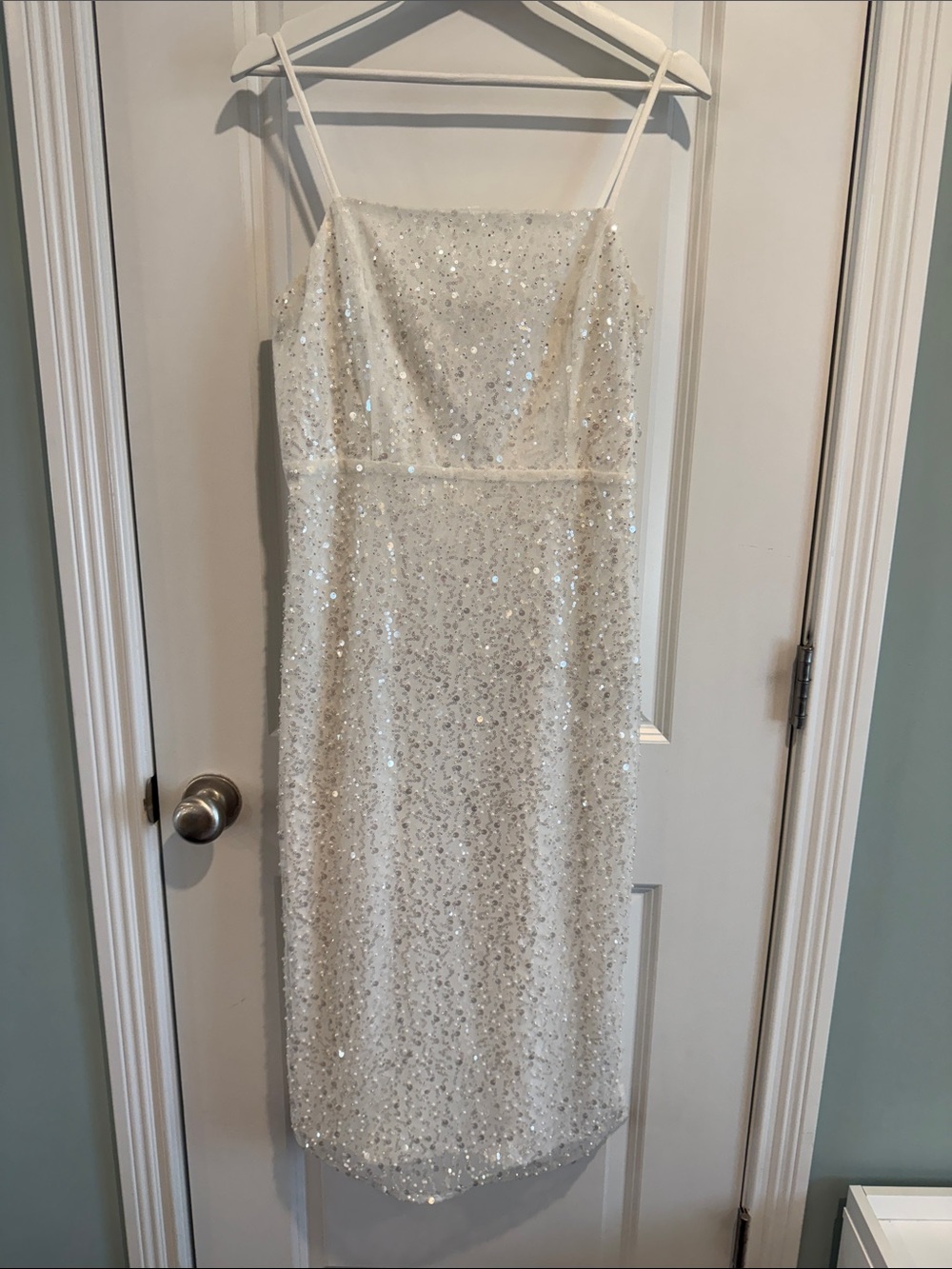 Lulu's White Sequin Spaghetti-Strap Midi Dress